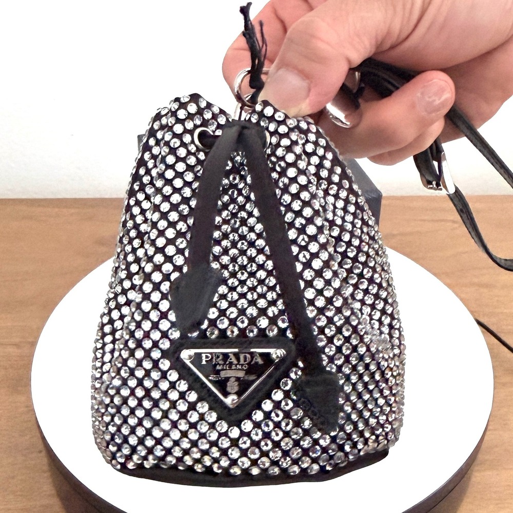 Prada Trick in Tessuto Crystal Bucket Bag Charm Micro Pouch Black Silver 1TT202